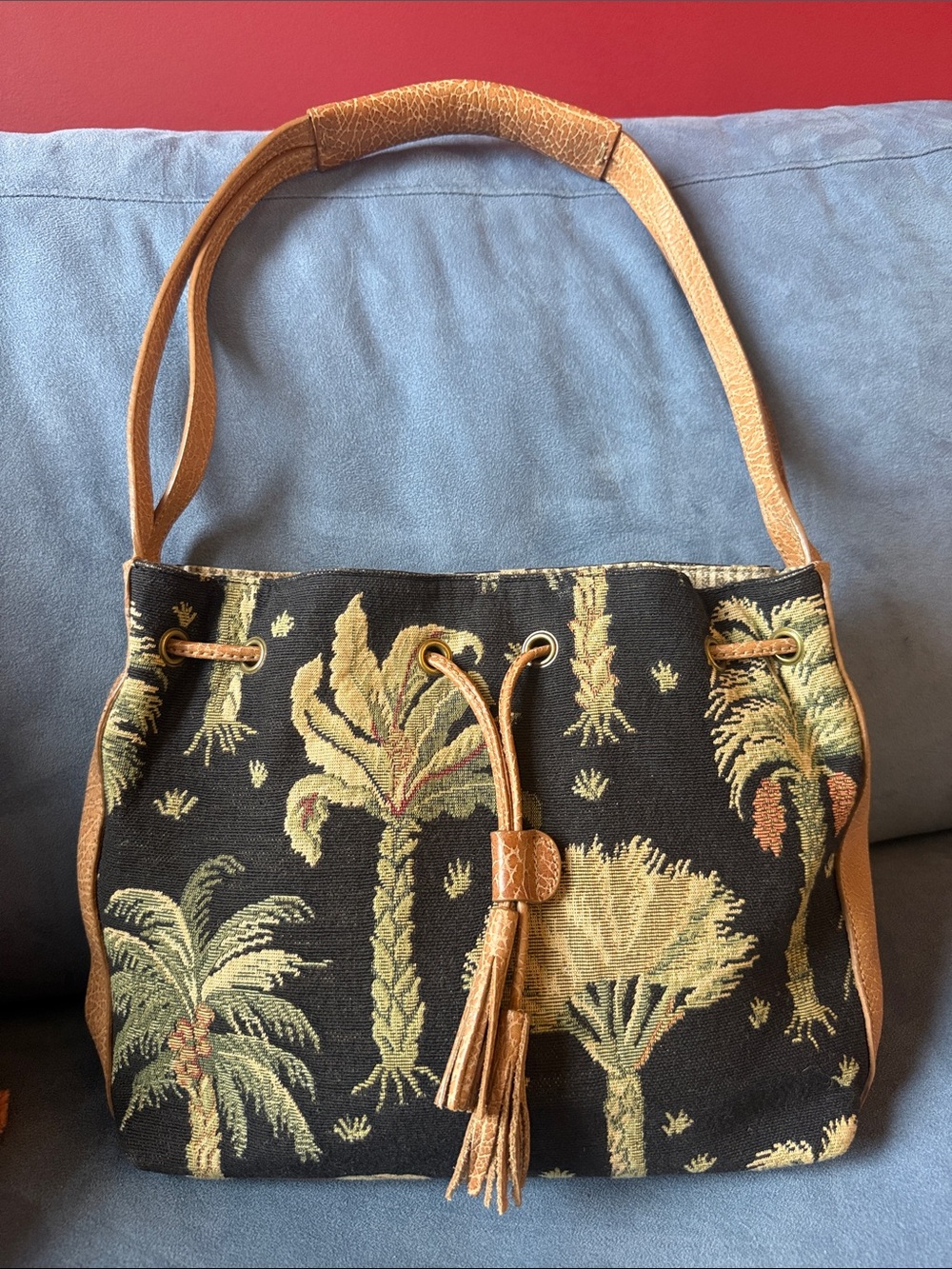 Purveyor of Island Lifestyles Palm-Print Shoulder Bag with Tan Trim